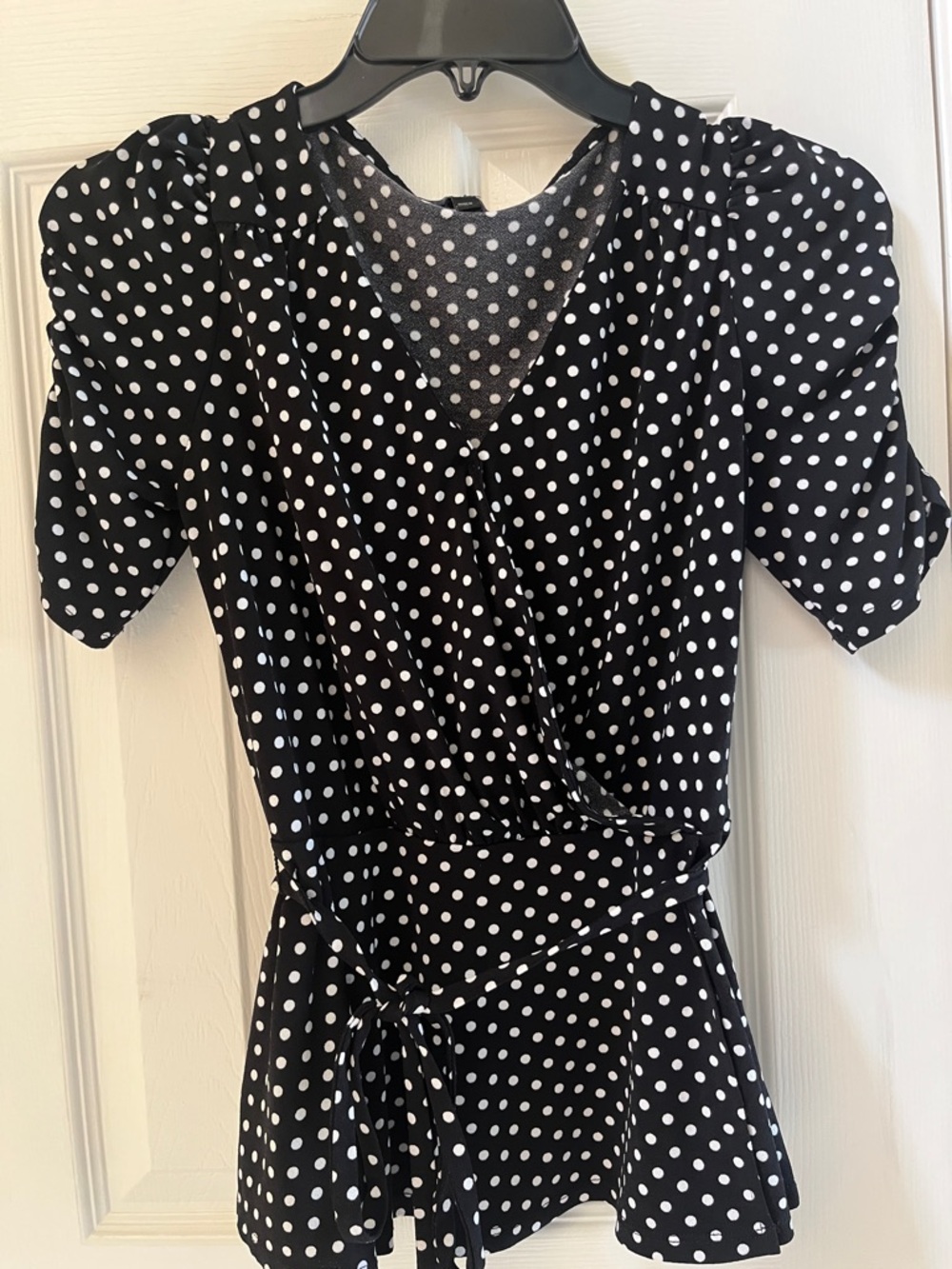 Express Black and White Polka Dot Wrap Blouse